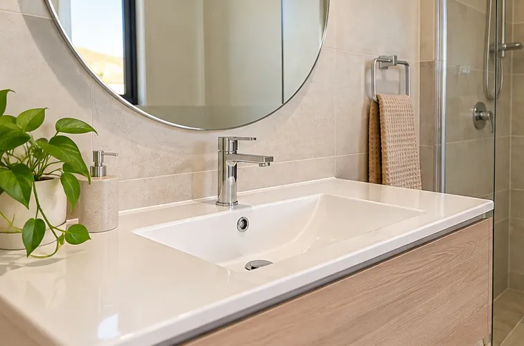 A spotless bathroom vanity after a clean: white basin, round mirror, chrome tap