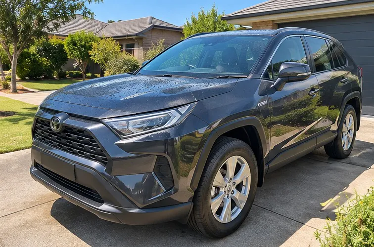 A freshly washed and waxed dark grey SUV on a suburban driveway